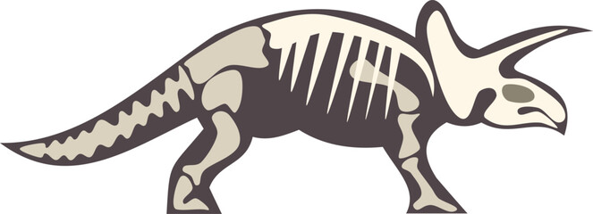 Side view of a triceratops skeleton, showcasing its bony structure and three horns, perfect for paleontology or educational projects