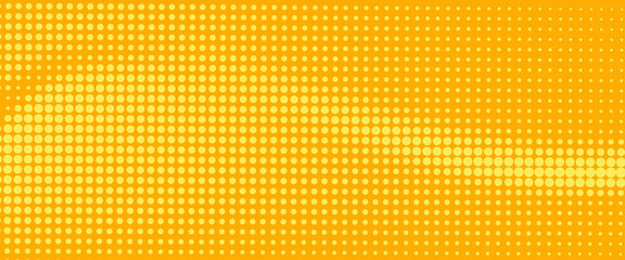 Fototapeta premium Yellow halftone pattern. Retro comic gradient background. Bright orange pixelated dotted texture overlay. Cartoon pop art faded gradient pattern. Vector backdrop for poster, banner, advertisement