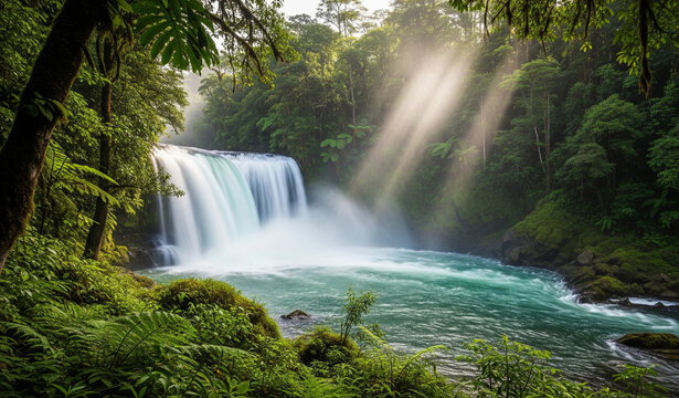 A stunning waterfall cascades into a turquoise pool in a lush, green rainforest. Sunlight beams through the dense canopy, creating a beautiful and magical scene of untouched nature.