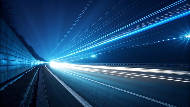 Blue light trails on highway at night tunnel