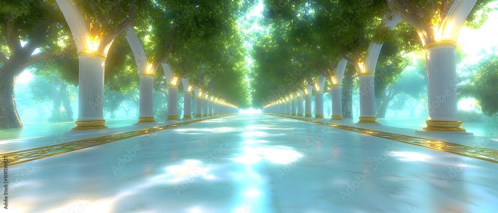 Poster a long, narrow path with trees on either side