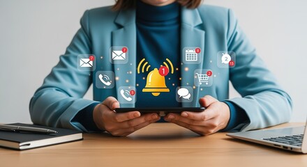 Businesswoman Holding Tablet with Notification Icons Displayed, Visualizing Digital Communication and Alerts for Modern Workplace