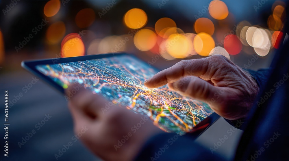 Poster hands using digital tablet displaying city map at night, modern technology and navigation concept