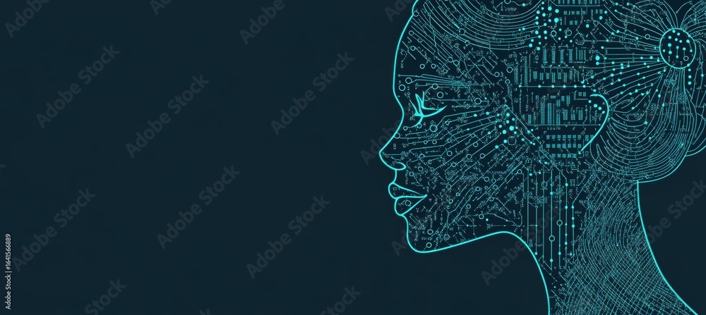 Poster digital identity concept with woman s facial silhouette and binary code elements in ai design