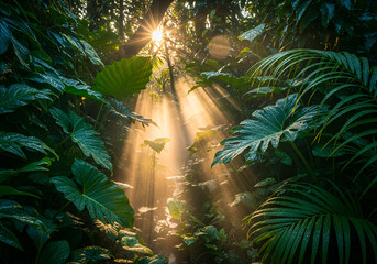 Sunbeams pierce through lush green foliage in a dense forest, creating a serene and ethereal atmosphere.