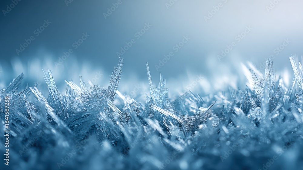 Poster intricate ice crystals forming on a cold surface in winter, showing delicate textures and patterns