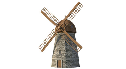 Obraz premium Old stone windmill with wooden sails isolated on transparent background