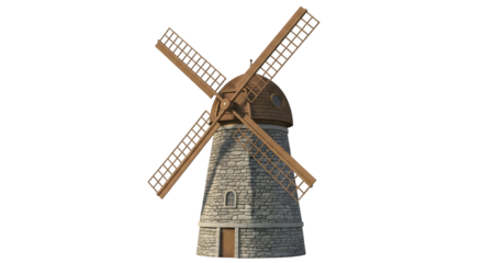 Old stone windmill with wooden sails isolated on transparent background
