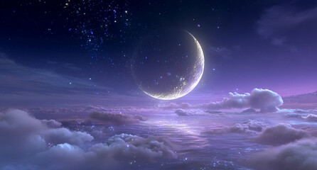Enchanting crescent moon over dreamy clouds and starry night sky, perfect for fantasy, children’s themes, and poetic visuals.