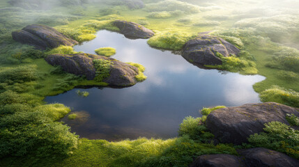 Naklejka premium Peaceful small lake with rocks and green grass in morning light