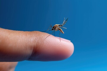 Fototapeta premium A mosquito on a finger against a blue background.