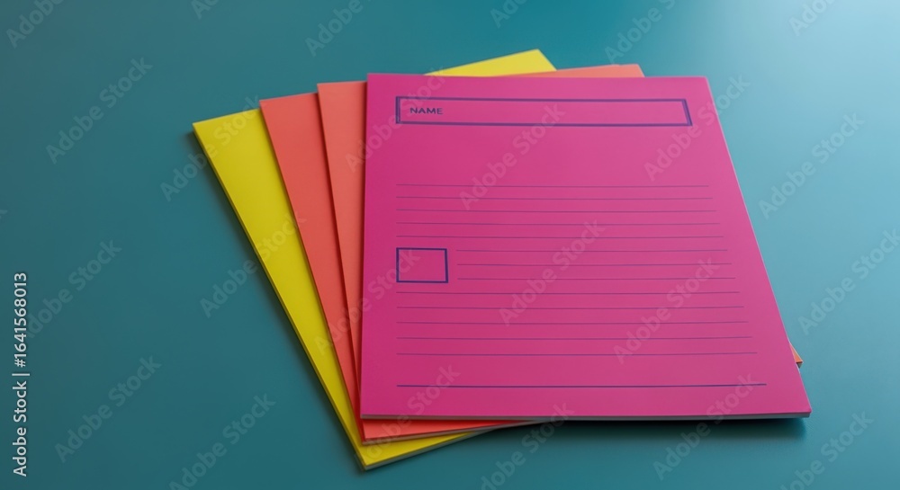 Poster stack of colorful file folders on teal surface: office organization and paperwork concepts