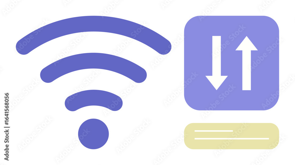 Poster wireless signal icon next to arrows signifying data transfer. ideal for technology, internet, commun