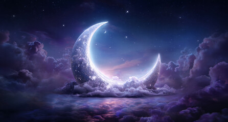 Enchanting crescent moon over dreamy clouds and starry night sky, perfect for fantasy, children’s themes, and poetic visuals.