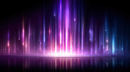 Neon light streaks with glowing particles and reflection dark