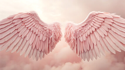 Softly glowing pastel pink angel wings spread wide amidst ethereal clouds and gentle light creating a dreamy fantasy atmosphere