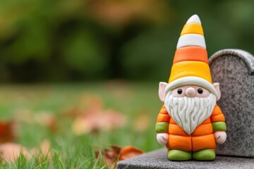 Halloween gnome costume concept. Colorful gnome statue near a gravestone in a grassy setting.