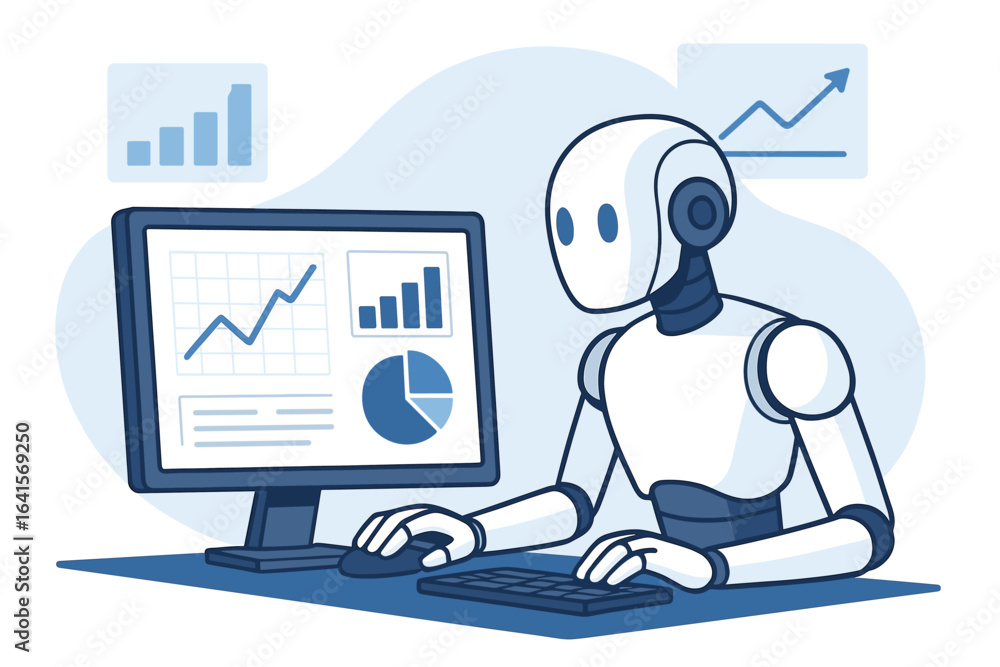 Poster artificial intelligence robot analyzing financial data, ai business automation concept, finance soft