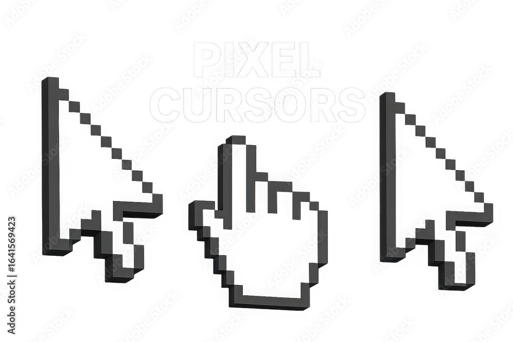 Poster collection of three pixelated computer cursors including a hand pointer and arrow pointers isolated 