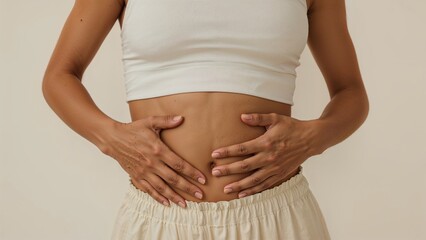 Detailed shot of a young woman's midsection with hands cradling it