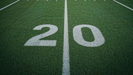 Close-up image of the white 20-yard line marking on a green turf football field with blank area