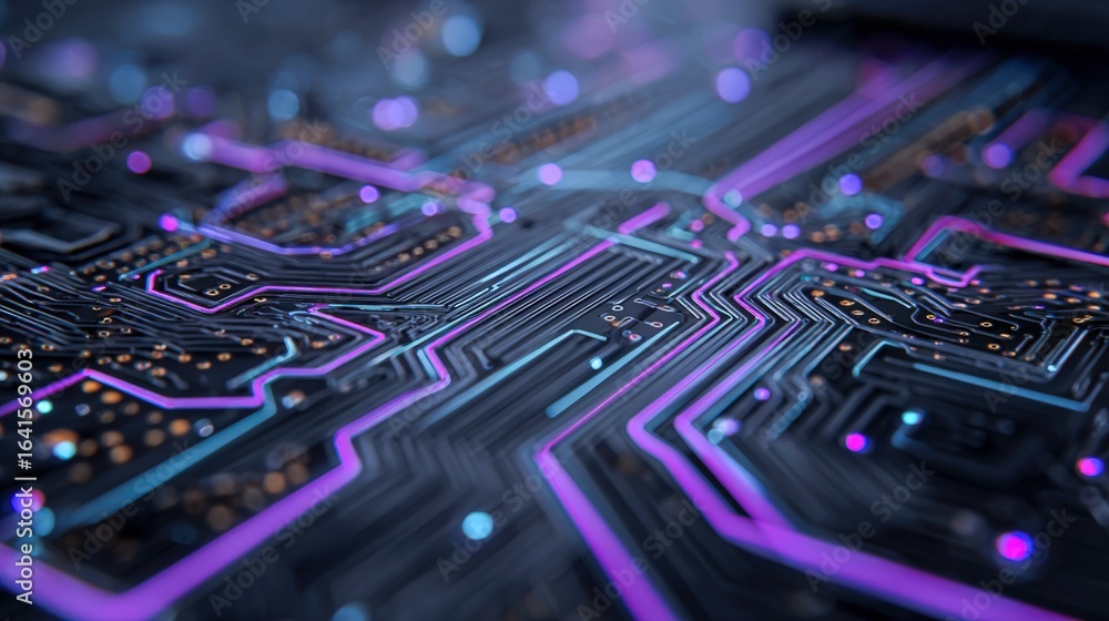Poster futuristic circuit board design with glowing traces for high-tech industry visuals and backgrounds