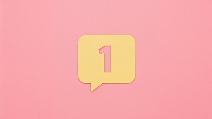 Paper-crafted yellow alert speech bubble showing digit one against a pink background. Illustrates social chats, SMS, subscription notifications, and reminders. Top-down view with a creative setup.