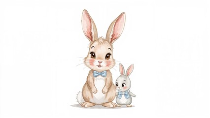 Fototapeta premium Hand-painted white rabbit image with a blank backdrop. Easter greeting card artwork.