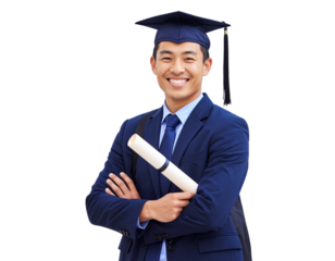 Portrait, certificate and graduation of Asian man with arms crossed isolated on a tra