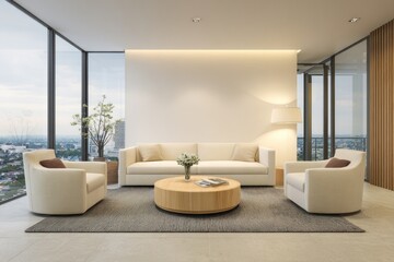 Fototapeta premium Modern minimalist living room with city view (1)