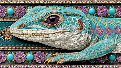 Ornate turquoise lizard on ornate border