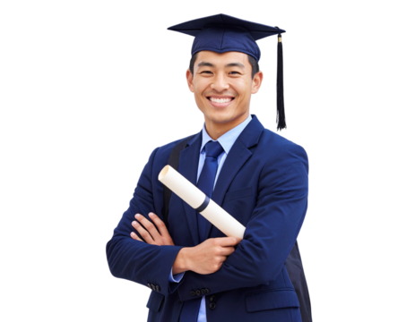 Portrait, certificate and graduation of Asian man with arms crossed isolated on a tra