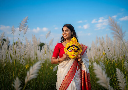Indian woman in a white saree with a red blouse stands in a field of tall pampas grass and she holding a goddess Durga mask.