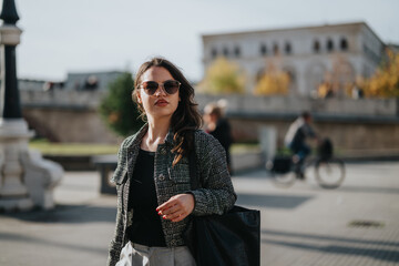 Fototapeta premium A confident businesswoman in sunglasses strolls through a city square, exuding professionalism and style. The urban backdrop emphasizes modern business life and outdoor meetings.