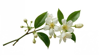 Obraz premium White blossoms, buds, and leaves on a citrus tree branch with a clean white background