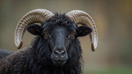 Portrait of a male dark sheep highlighting its impressive horn size