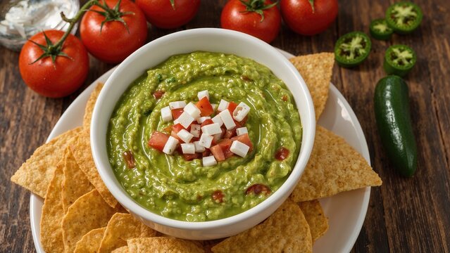 Smooth guacamole with fresh avocado, chopped onion, and tomato, served with corn nachos, sliced tomatoes, and green chili on a wooden table.