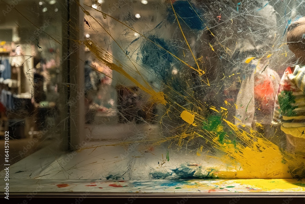 Poster creative expression through paint splatters on a display window in an art-inspired retail space