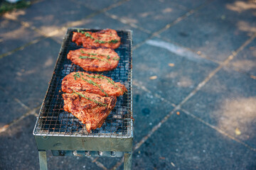 A vibrant outdoor barbecue scene with people grilling shashlik and marinated vegetables over an...