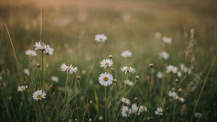 Summer landscape featuring chamomile blossoms in warm sunset hues