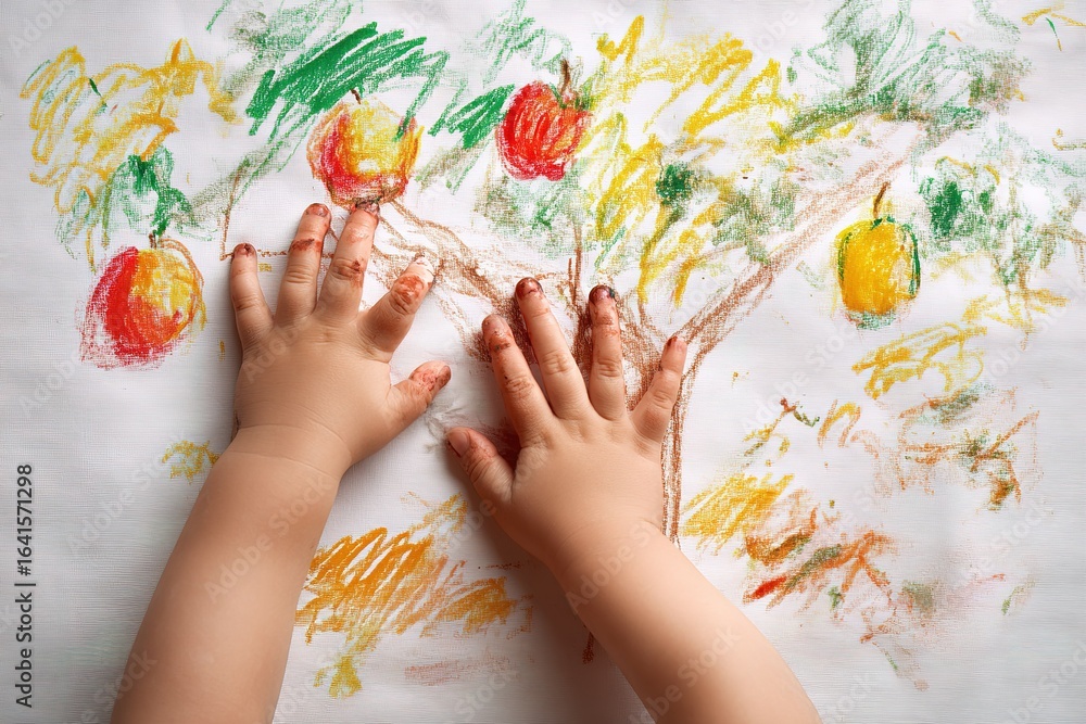 Poster child creates colorful drawing of an apple tree using chalk during an art activity at home in the af