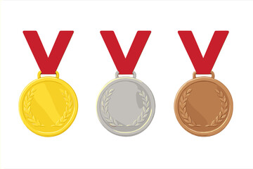 Gold, silver, bronze medal set with red ribbon. Award medals collection. Winner champion first second third place vector illustration. Achievement prize icons. Transparent isolated background.