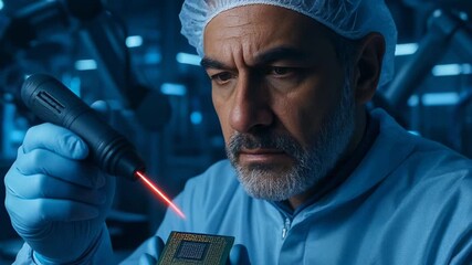 Scientist examining microchip with laser