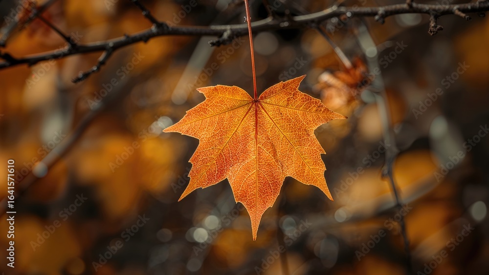 Poster macro shot of a maple leaf set on a natural autumn background with focused detail.