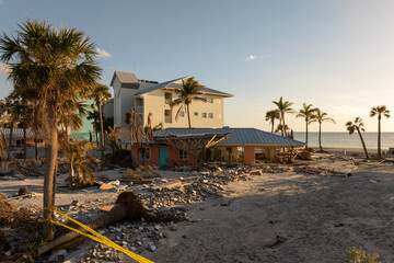 Hurricane Milton consequences on Manasota Key, Florida. Destroyed houses on sea coast. Storm surge...