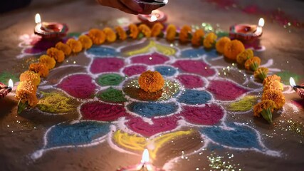 A person decorates a vibrant, colorful Rangoli with a marigold garland and lit oil lamps for a festival celebration.