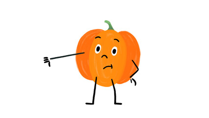 Cute Pumpkin Character Thumbs-Down Hand drawn Doodle Thanksgiving Illustration on Transparant Background