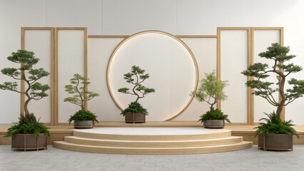 Elegant stage with bonsai trees and japaneseinspired backdrop, isolated on white background
