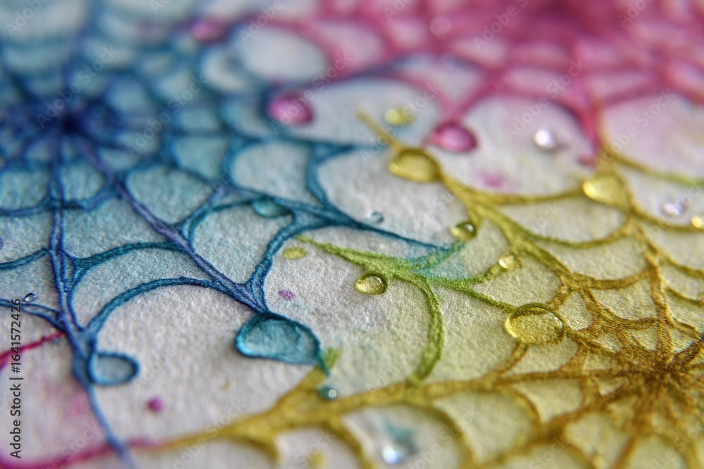 Aufkleber colorful abstract web design with intricate patterns and droplets on textured paper in soft lighting