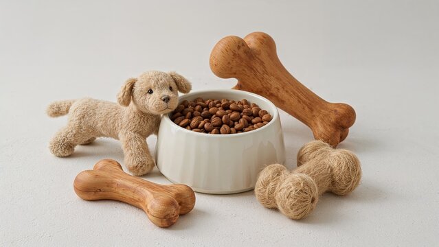 Environmentally friendly wooden and cotton dog toys beside a ceramic bowl filled with dog food on a textured light surface, symbolizing green living with pets